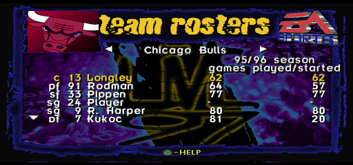 Native NBA Live 97 Chicago Bulls roster screen