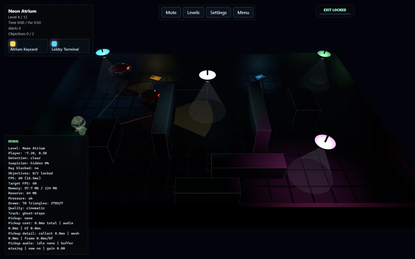 Shadow Circuit stealth level with patrol enemies, light cones, keycards, and terminals